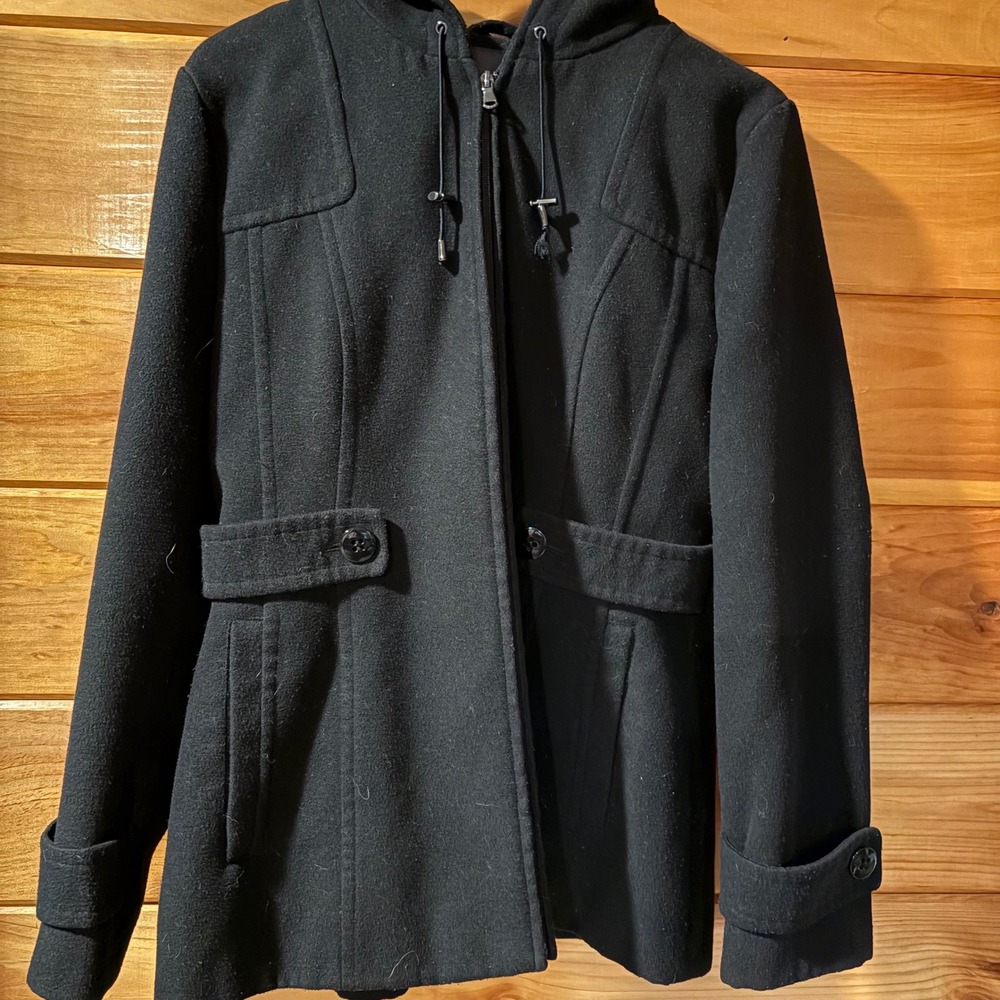 Covington Womens Black Hooded Zip Up Peacoat Jacket Size Large RN15099